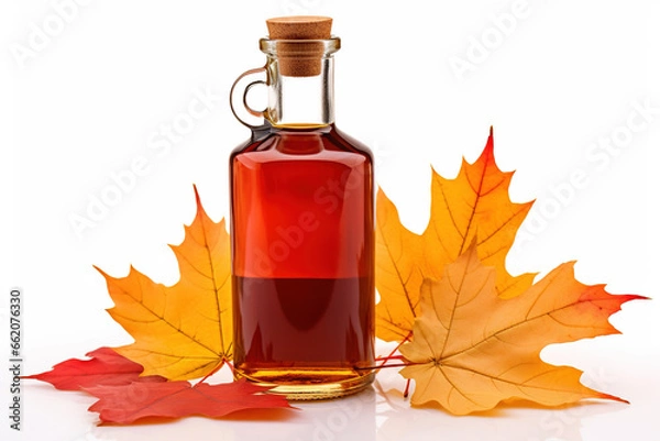 Fototapeta Bottle of golden Canadian maple syrup with red maple leaves scattered isolated on a white background