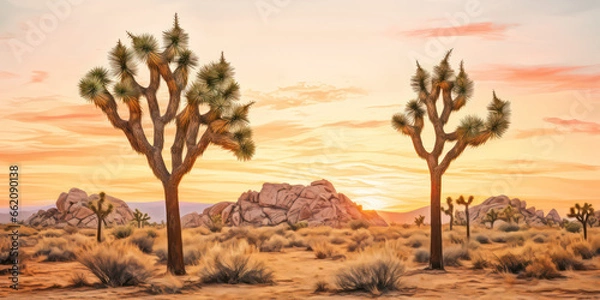 Fototapeta joshua trees tree in the desert landscape with dirt road and sunlight, generative ai