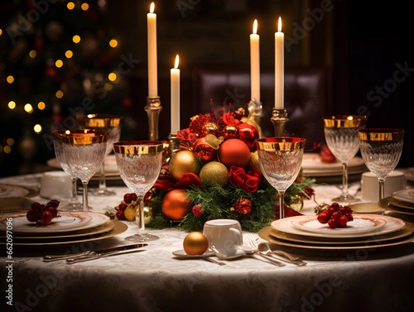 Obraz Elegant Christmas dinner table, celebration candle, glasses, plates, Christmas tree