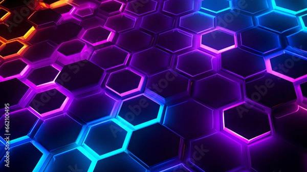 Fototapeta Neon hexagon neon background with different heights and waves of color, 3d pattern, Generative AI