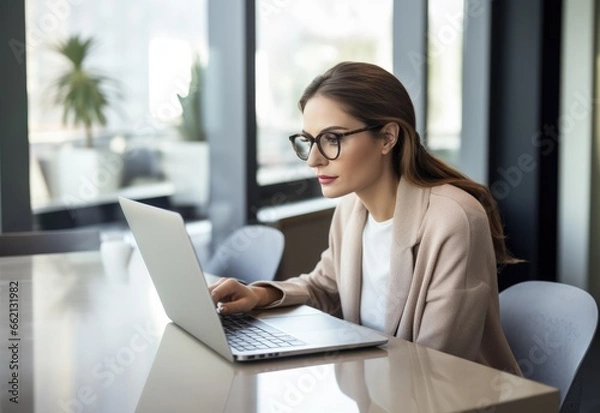 Fototapeta woman on cell phone and in glasses looking at laptop at desk, in the style of clear edge definition, sleek metallic finish,
