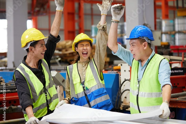 Fototapeta workers team raise hands up for success work or project in the factory