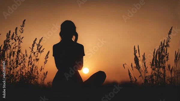 Fototapeta Silhouette of a praying girl with folded palms at sunset