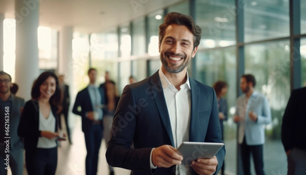 Fototapeta A cheerful businessman, holding a digital tablet and wearing a smile, stands confidently in a modern boardroom with colleagues in the background,banner