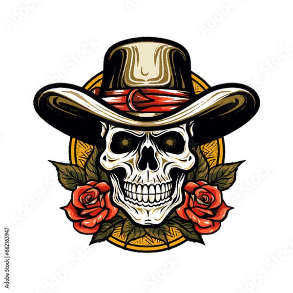 Fototapeta illustration of a skull wearing a hat and decorated with roses