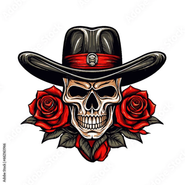 Obraz illustration of a skull wearing a hat and decorated with roses