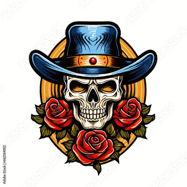 Fototapeta illustration of a skull wearing a hat and decorated with roses