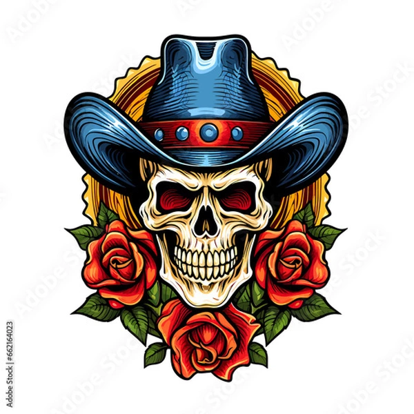 Fototapeta illustration of a skull wearing a hat and decorated with roses