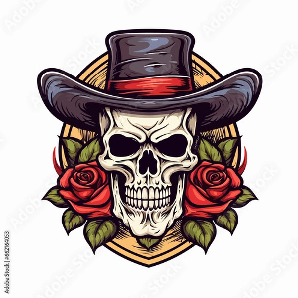 Fototapeta illustration of a skull wearing a hat and decorated with roses
