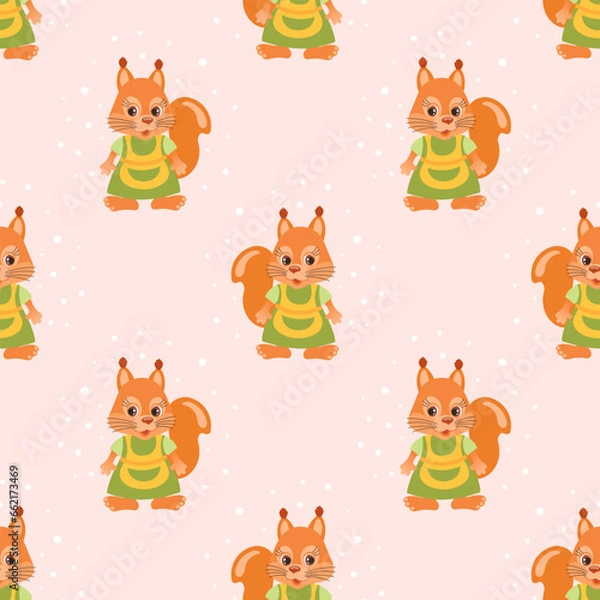 Fototapeta Seamless pattern, cute cartoon squirrel character wearing a housewife apron. Children's print, background, textile. Vector