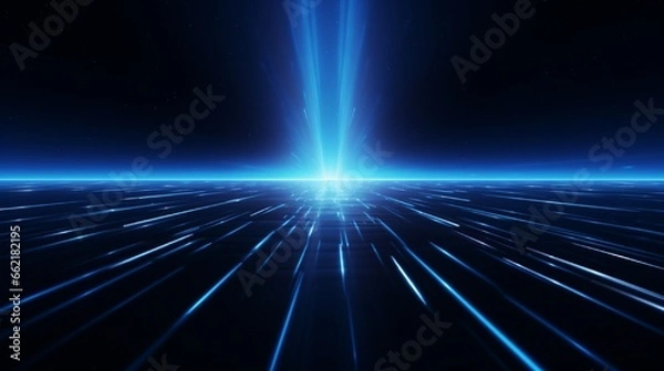 Fototapeta Abstract dark futuristic background blue neon light rays reflect off the water