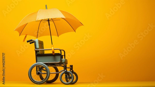 Fototapeta The umbrella and wheelchair symbolize medical insurance, offering protection like an umbrella shields from rain, ensuring healthcare coverage for your well-being.