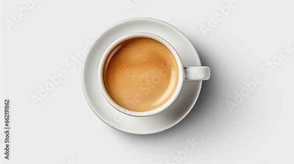 Obraz An overhead view of a stylish coffee cup with a double espresso shot, highlighting the crema on top, set on a minimalist, solid gray background, creating a striking contrast
