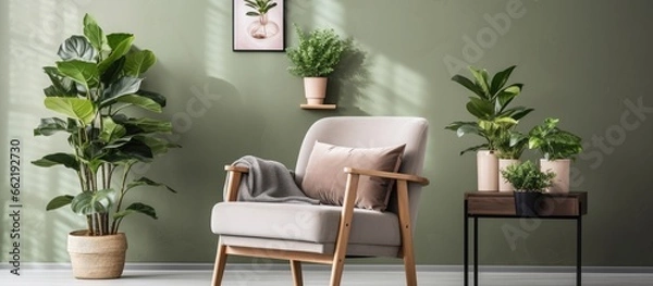 Obraz Photo of a stylish living room with plants wall poster gold chair and d cor with candles With copyspace for text