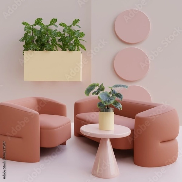 Fototapeta Neutral interior of modern space with sofa, armchair, table and plants in vase, 3d render