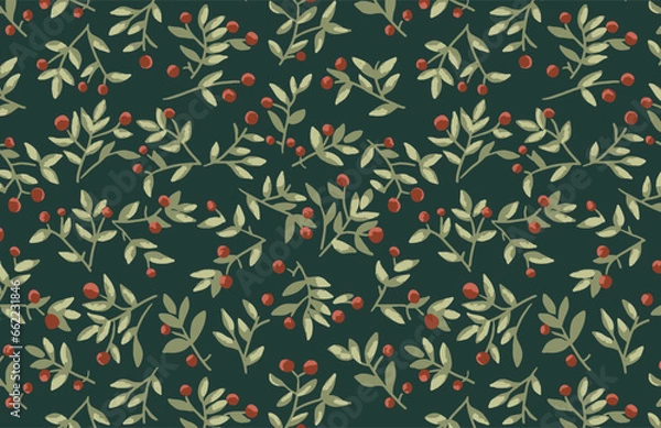 Fototapeta Hand drawn botanical mistletoe seamless pattern Christmas in vector watercolor effect