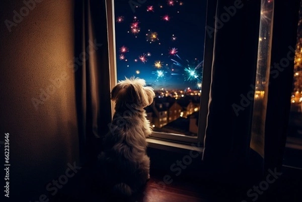 Fototapeta Dog looking out of a window to a nightly sky