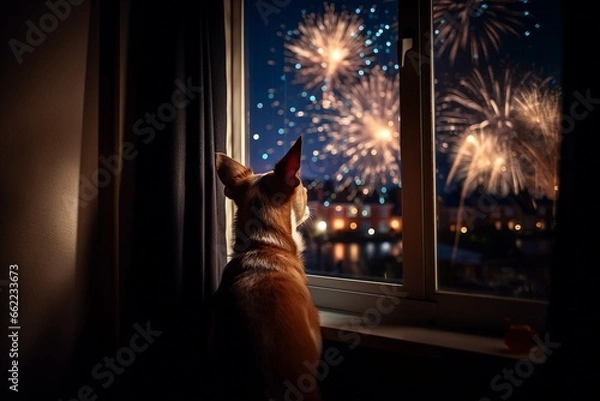 Fototapeta Dog looking out of the window watching fireworks