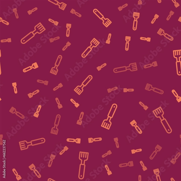 Obraz Brown line Fork icon isolated seamless pattern on red background. Cutlery symbol. Vector