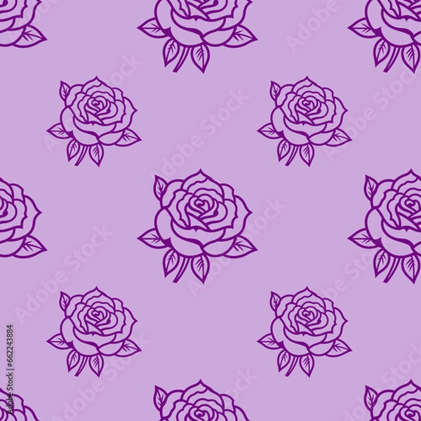 Fototapeta Floral purple botanical texture pattern with rose and leaves. Seamless pattern can be used for wallpaper, pattern fills, web page background, surface textures.
