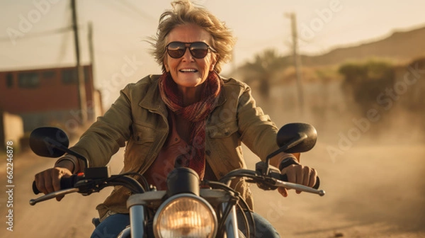 Fototapeta Happy Senior Woman in a Helmet Riding a Motorcycle