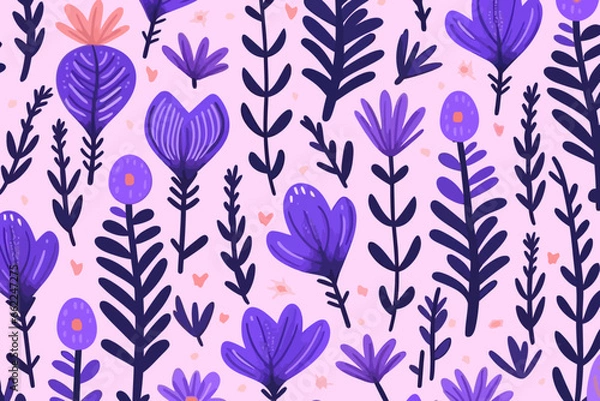 Fototapeta Close-up of lavender flowers quirky doodle pattern, wallpaper, background, cartoon, vector, whimsical Illustration