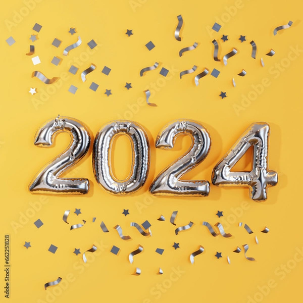 Fototapeta New year background, close up top view of confetti, glitter ornaments