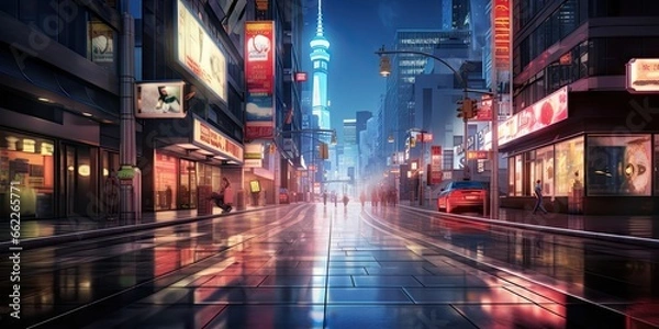 Fototapeta Electric nights. Glowing streets of urban jungle. City in technicolor. Vibrant night on broadway. Metropolis awakens