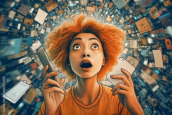 Obraz A young woman is holding her phone in shock, various streams of information are flying around her. Information data, too much media,information, maximalism, news, addiction to social networks.
