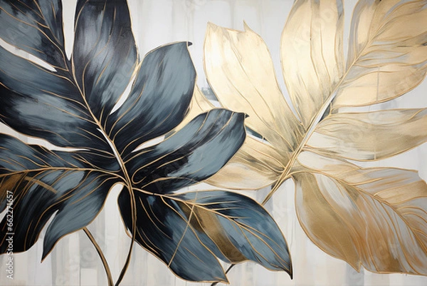 Obraz abstract painting of tropical leaves with gold foil