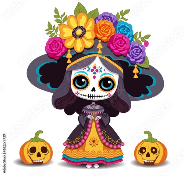 Fototapeta Vector illustration for the Mexican holiday Day of the Dead. Image cute dead girl in cartoon style in big Mexican sambrero hat with flowers.  Isolated design element on white background.