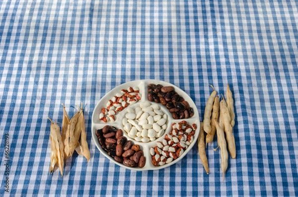 Obraz plate dried beans mix pod on checked tablecloth