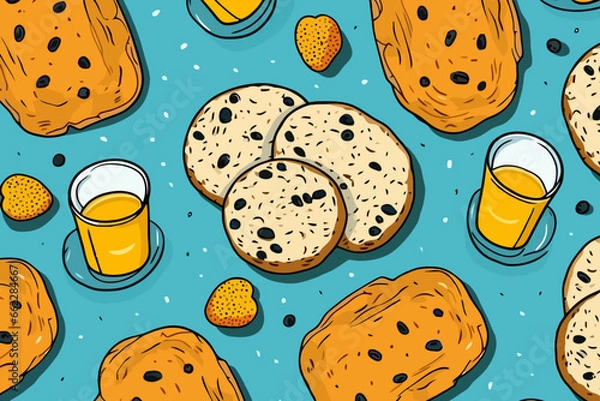 Fototapeta Irish soda bread on a platter quirky doodle pattern, wallpaper, background, cartoon, vector, whimsical Illustration