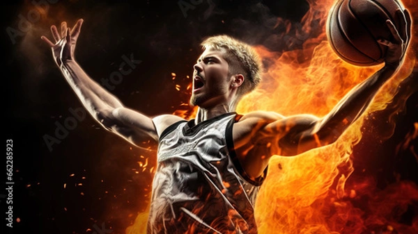 Fototapeta Basketball Player in Action holding a Burning Ball in Flames, Jumping for Powerful Slam Dunk. Jump Shot on Professional Arena during the game, throwing ball into basket. Athletic male training , Sport
