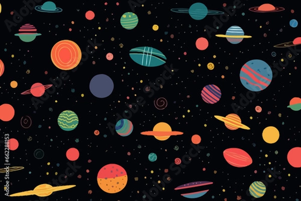 Fototapeta Meteors and other space debris quirky doodle pattern, wallpaper, background, cartoon, vector, whimsical Illustration