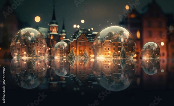 Fototapeta Surreal Cityscape with Floating Bubbles