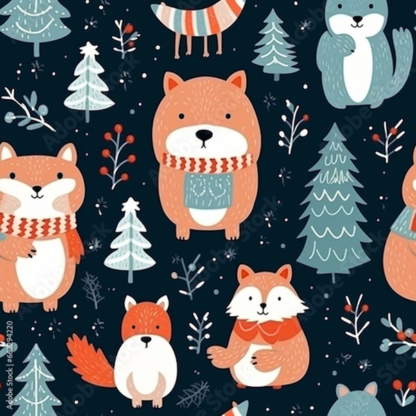 Fototapeta Seamless pattern with cute forest animals and trees, pattern Christmas winter big collection