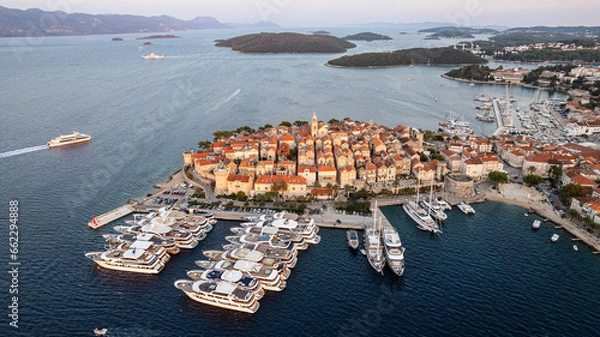 Obraz Aerial view of Korcula, Croatia at sunset.