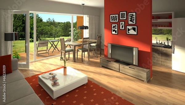 Obraz Renderowanie nowoczesnego salonu z otwartą kuchnią