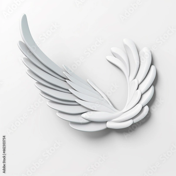Fototapeta A 3D rendering of angelic white wings against a plain white backdrop. This resource can be used for elements such as objects, text, or 3D character cartoon figures. Generative AI.