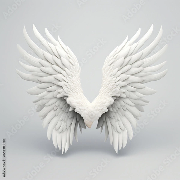 Fototapeta A 3D rendering of angelic white wings against a plain white backdrop. This resource can be used for elements such as objects, text, or 3D character cartoon figures. Generative AI.