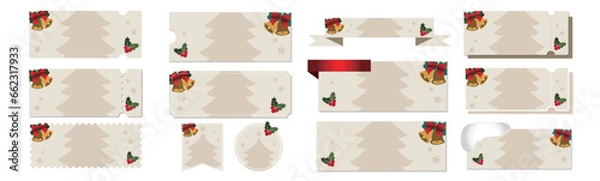 Fototapeta クリスマスセールに使えるツリーのシルエットとジングルベルのクーポンベクターデザインセット（枠のみ）