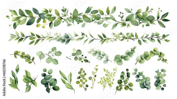Fototapeta Vector elements set collection of tropical green eucalyptus in Watercolor style. Illustration for cosmetics, spa, beauty care products, Wedding Invitation, save the date, thank you, greeting card.