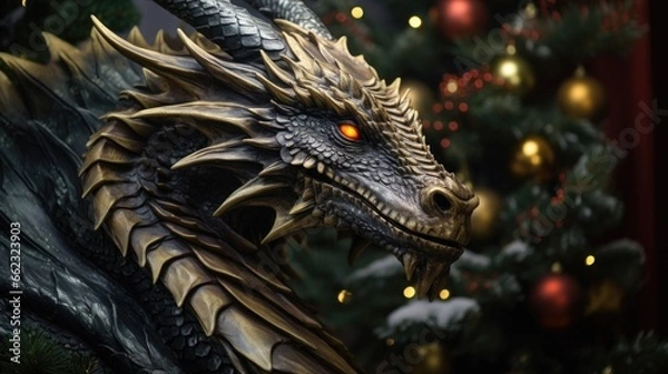 Fototapeta A mystical dragon illuminated by the glow of a Christmas tree, blending fantasy and holiday enchantment