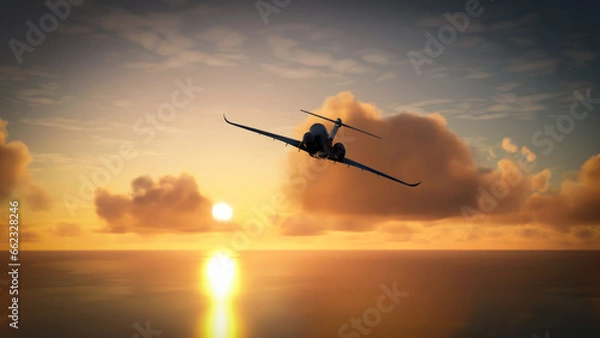 Obraz Luxury private jet flying and ascending at sunset