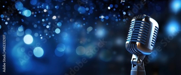 Fototapeta microphone with blurred background on blue wall, vintage microphone on stage with lamp lighting, in uhd image style, bokeh panorama. Generative AI