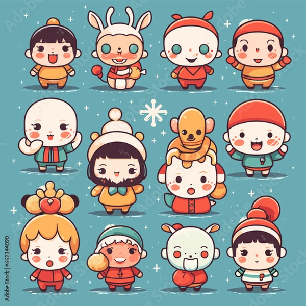 Fototapeta christmas and happy new year cartoon characters and elements