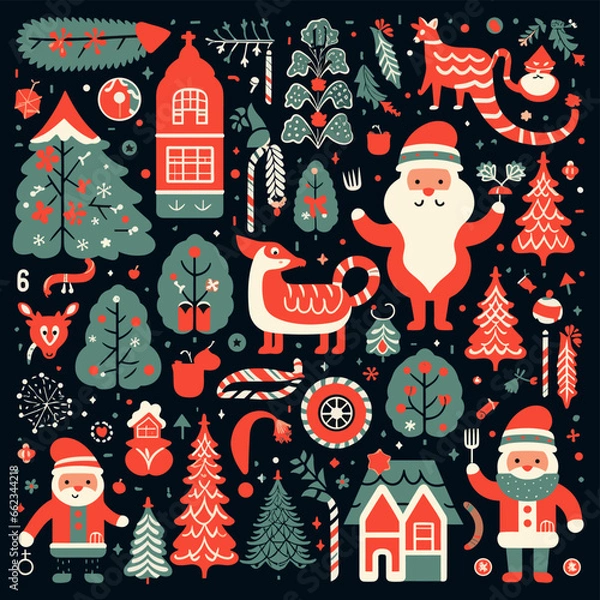 Fototapeta christmas and happy new year cartoon characters and elements