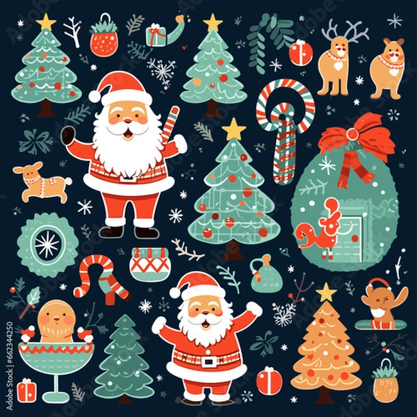 Fototapeta christmas and happy new year cartoon characters and elements