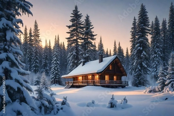 Fototapeta Beautiful winter  trees and a wooden house in a snowy 